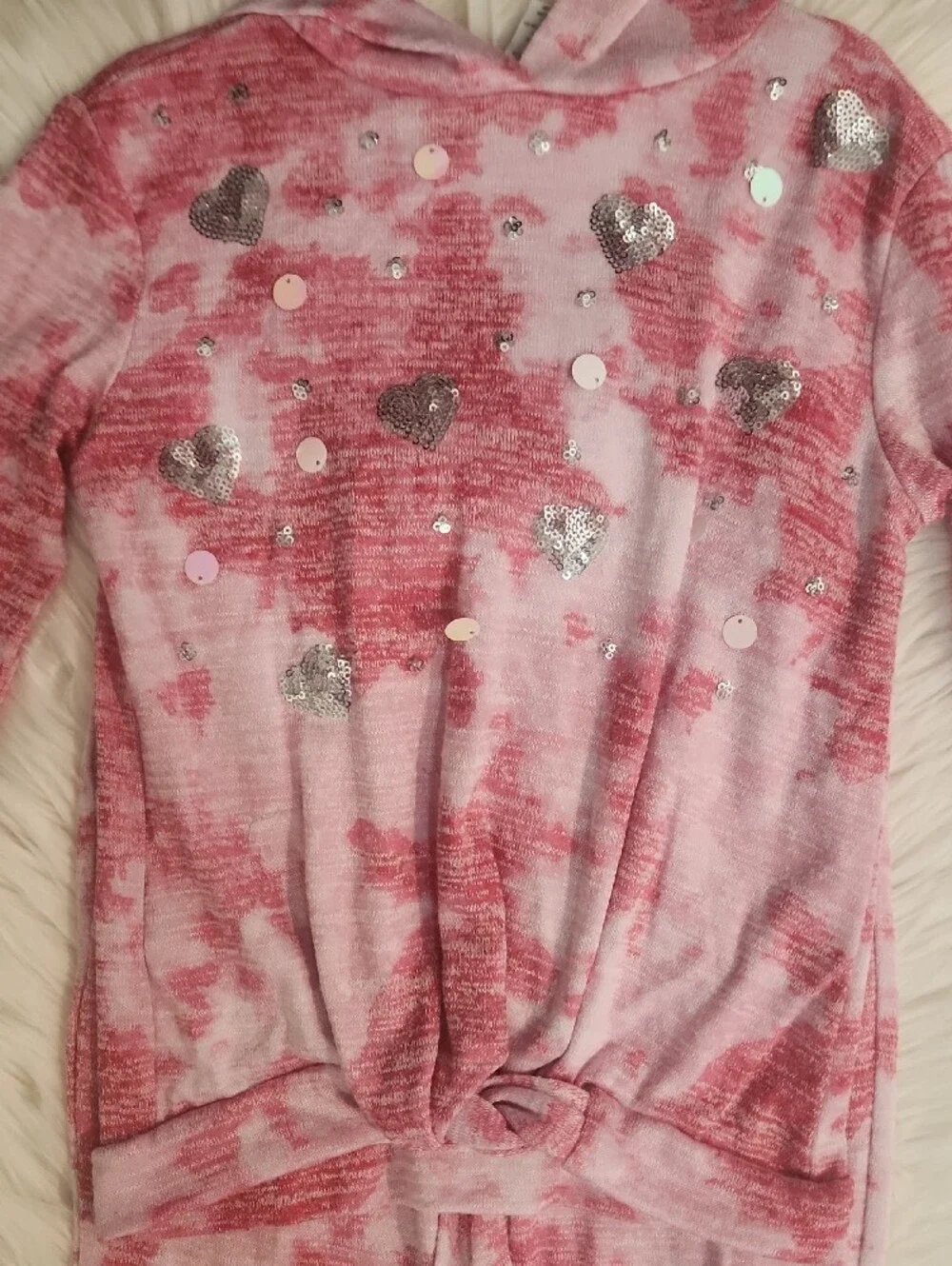 Pink Tie-Dye Heart Sequin Hooded Loungewear Set - Girls Size: 4-5
